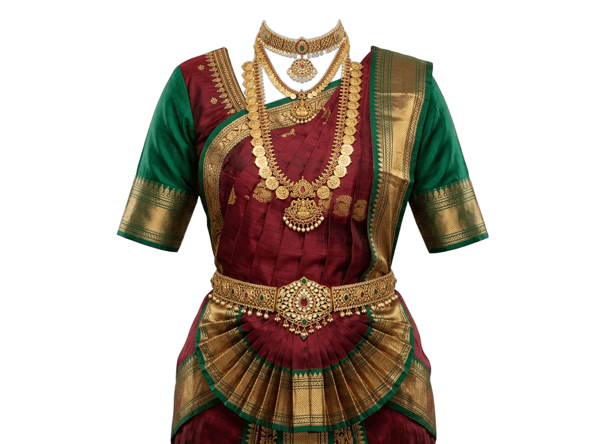 Classical Bharatanatyam Dance Costume with Temple Jewelry