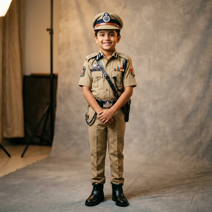 Indian Police Officer Khaki Uniform with Star Badges & Whistle