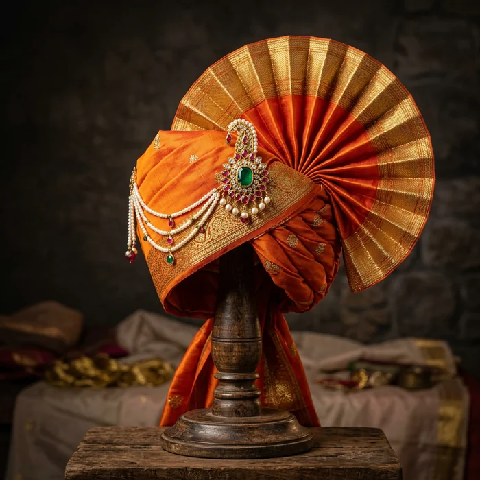 Saffron Silk Maratha Pheta Turban with Jeweled Kalgi